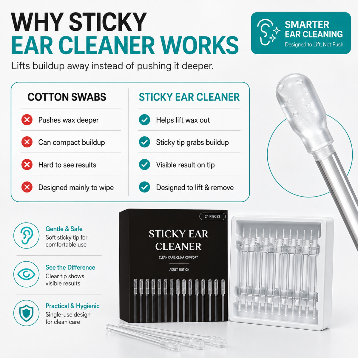 Dual-Ended Sticky Ear Cleaner – Lift Wax Out, Don’t Push It Deeper